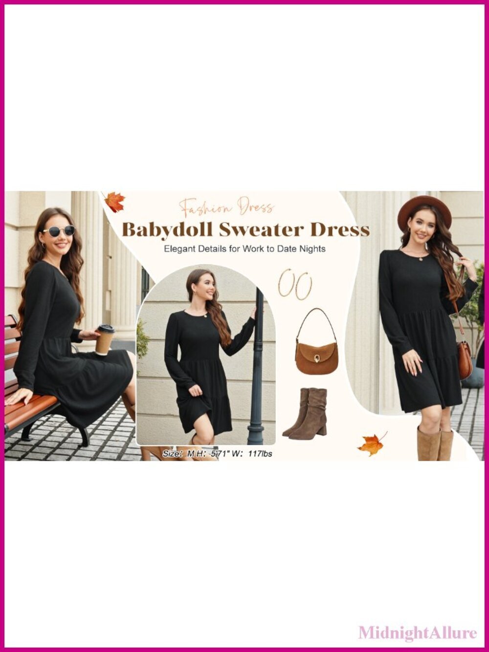 Long Sleeve Crew Neck Babydoll Dress with Pockets Tiered Skirt - Picture 5 of 6